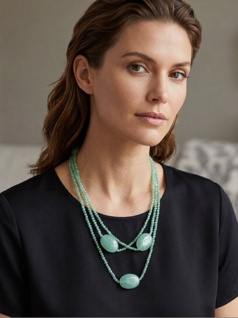 NEW Hand Crafted Oval Stone Beaded Green Layered Necklace